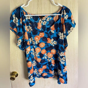 Ann Taylor Factory Orange Citrus Blossom Flutter V-Neck Blouse Sz XL